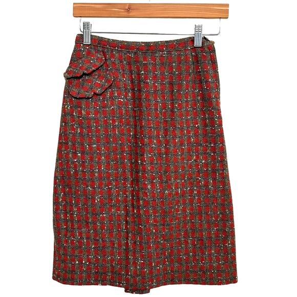 Vintage 60s Tweed Plaid Mid Length Skirt XS Red Retro Twee Elegant Career Chic - Picture 1 of 5